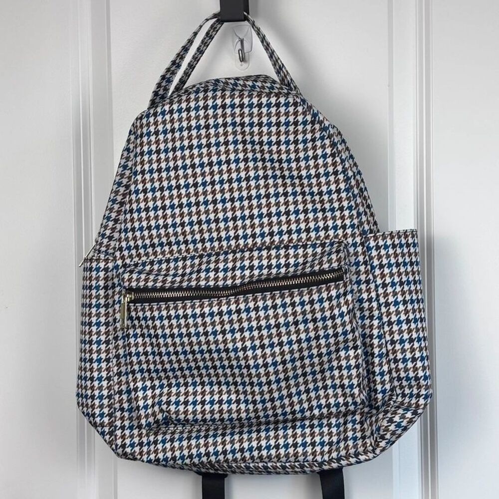 Houndstooth Backpack Womens Multicolor Blue Brown Gold Zip Travel School Bag